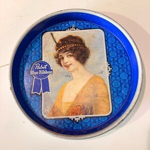 Vintage Pabst Blue Ribbon Beer Metal Serving Tray | Lady Graphic Bar Tray